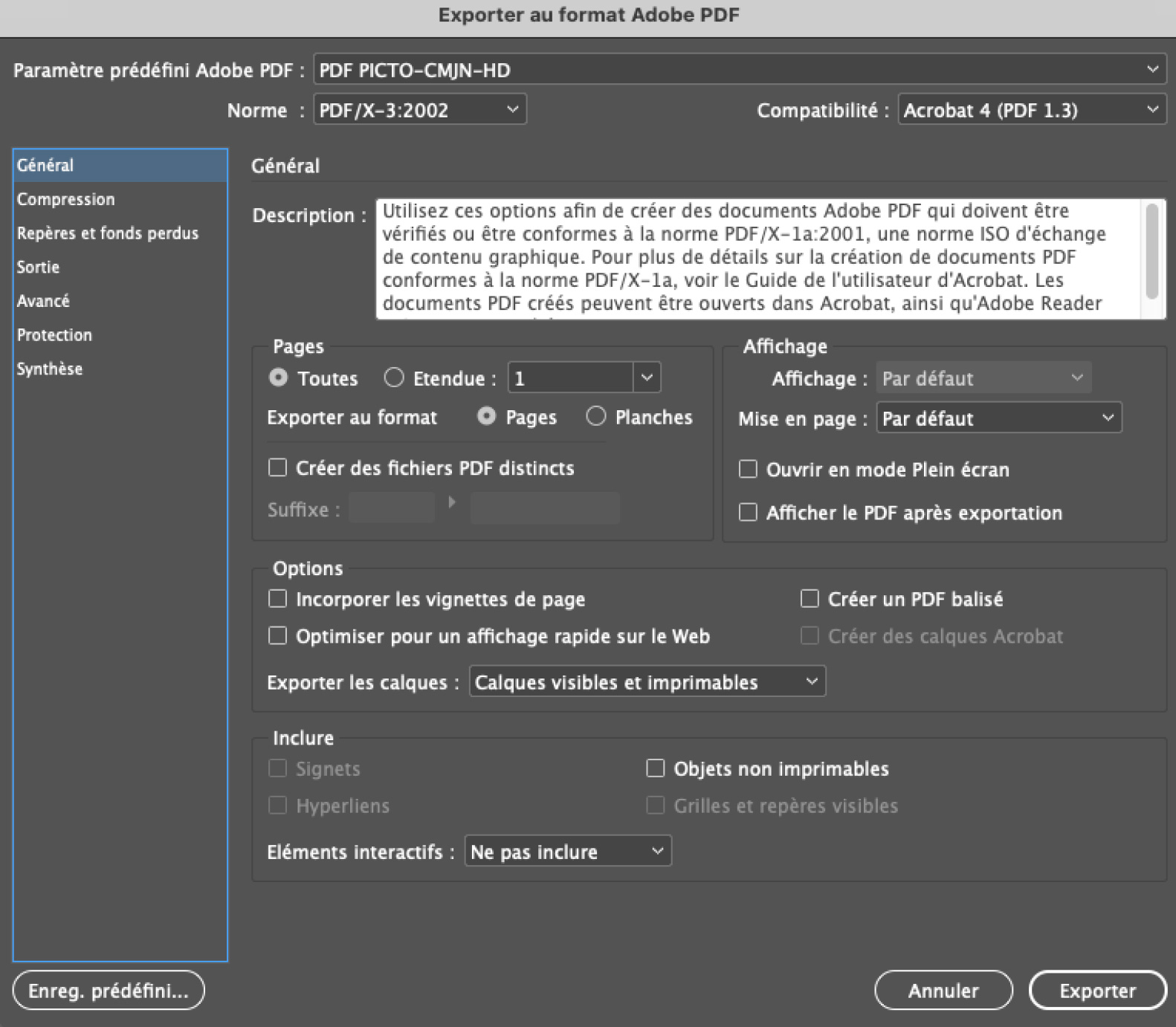 Param&egrave;tres Export PDF CMJN