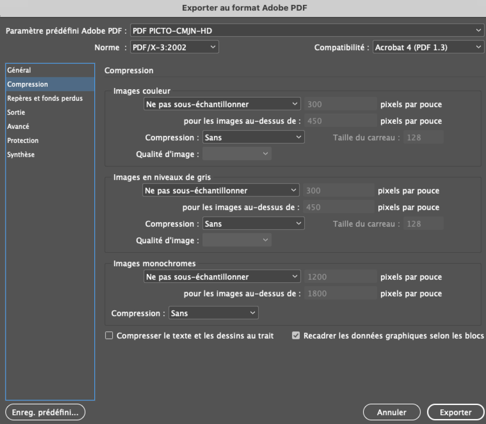 Param&egrave;tres Export PDF CMJN