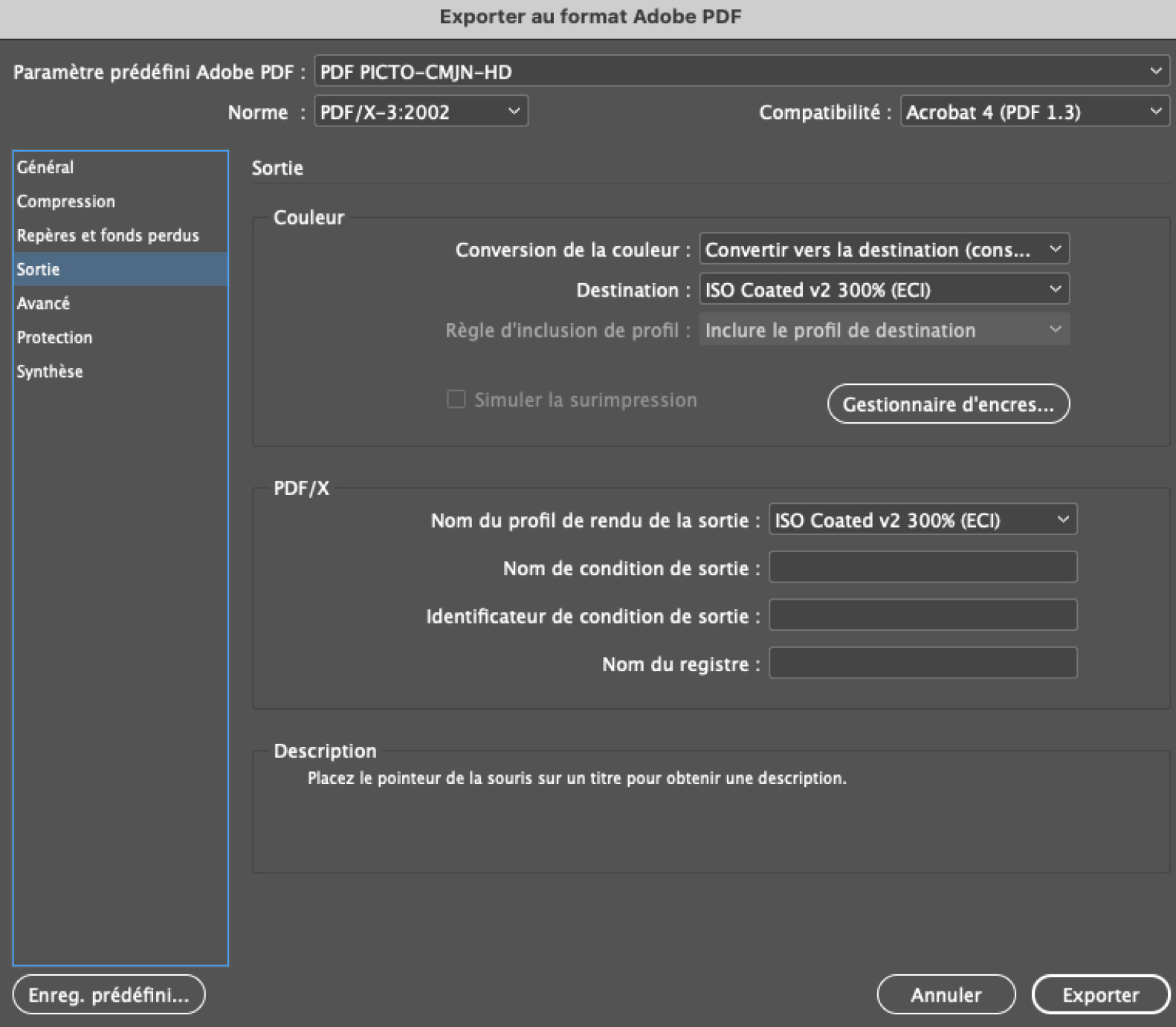 Param&egrave;tres Export PDF CMJN
