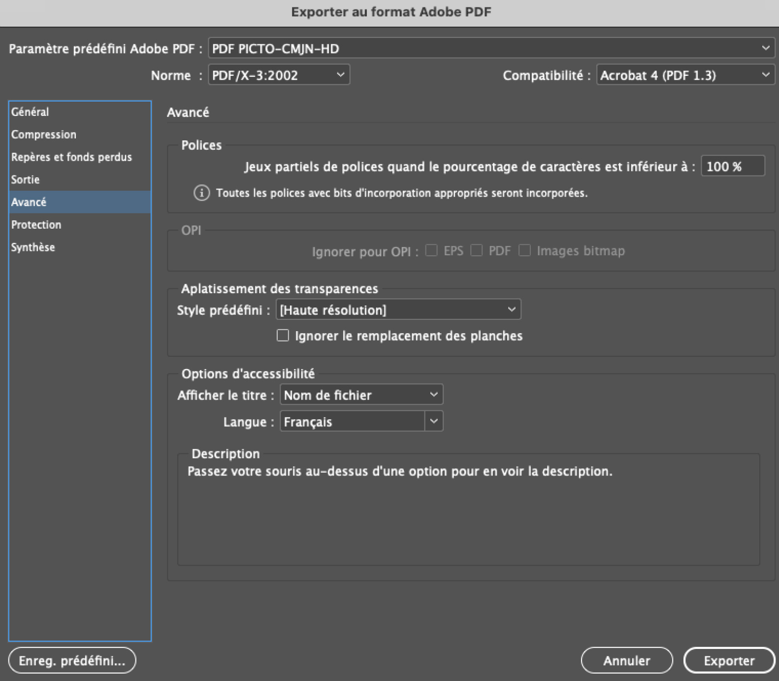 Param&egrave;tres Export PDF CMJN